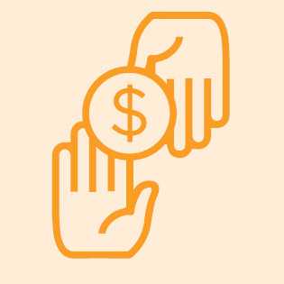 Illustration of two hands exchanging a dollar coin